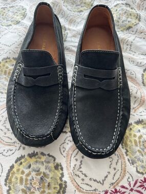 Cole Haan Black Suede Penny Loafers with White Contrast Stitching